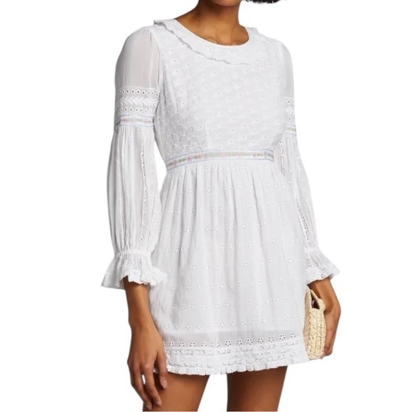 LoveShackFancy Women’s Size 4 White Jullian Eyelet Long Sleeve Mini Dress